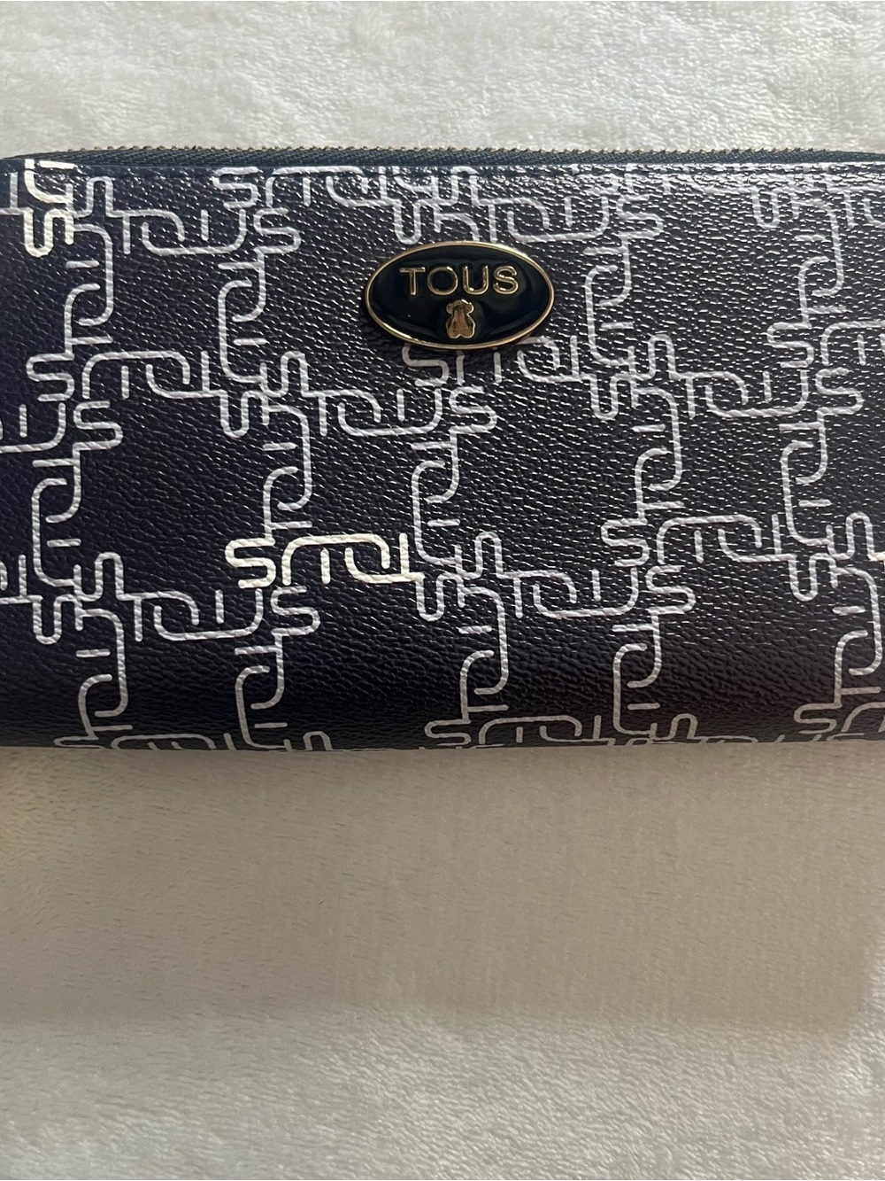 TOUS Women’s  Black Double Zip Wallet with White Logo Print and Gold Emblem